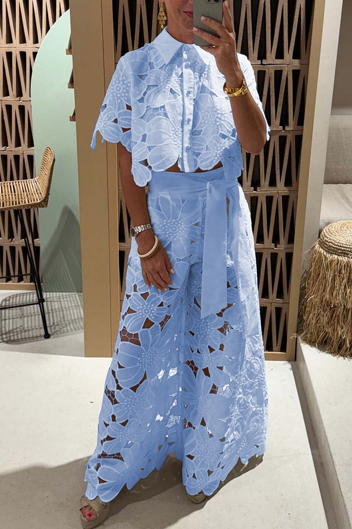 Damen Zweiteiler mit Spitzenbesatz | Florales Oberteil und Hose mit weitem Bein | Größen S-2XL