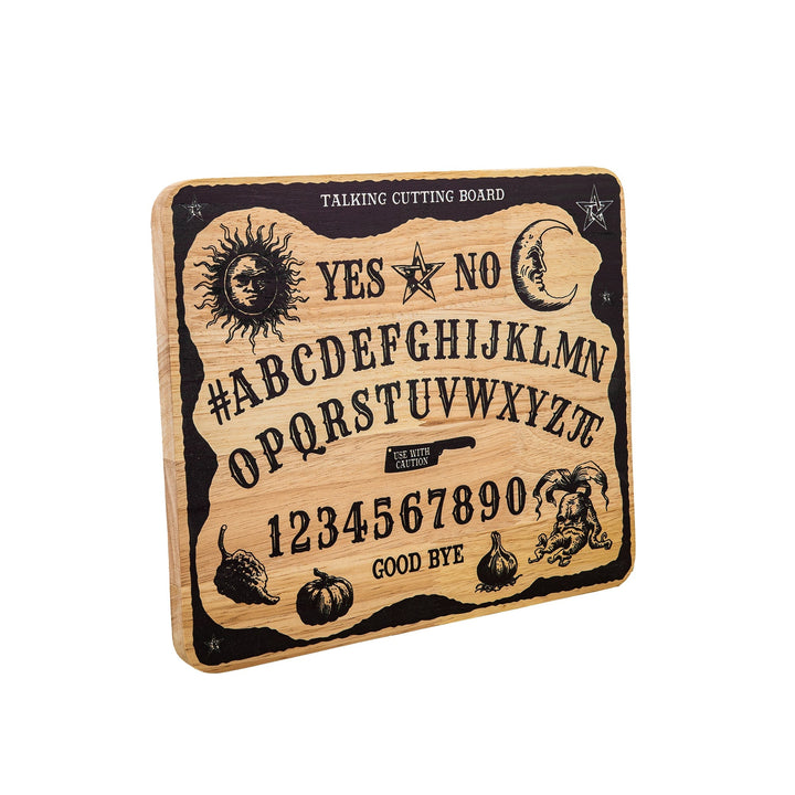 Ouija Schneidebrett aus Holz | Küchenbrett mit mystischem Ouija-Motiv, Alphabet, Zahlen und Mond | Geöltes Gummibaumholz 30 x 25 cm