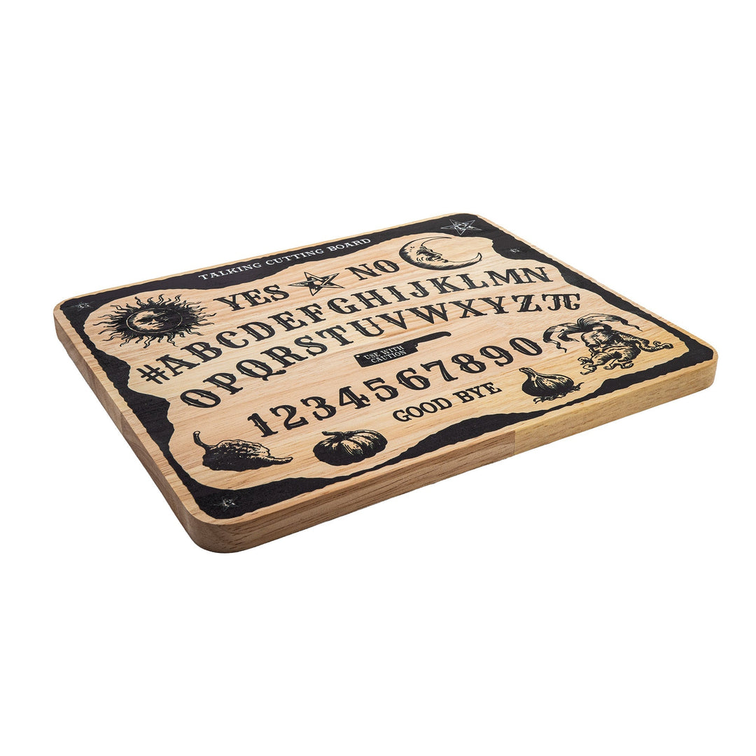 Ouija Schneidebrett aus Holz | Küchenbrett mit mystischem Ouija-Motiv, Alphabet, Zahlen und Mond | Geöltes Gummibaumholz 30 x 25 cm
