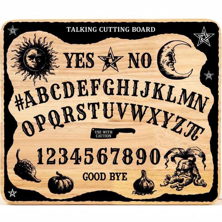 Ouija Schneidebrett aus Holz | Küchenbrett mit mystischem Ouija-Motiv, Alphabet, Zahlen und Mond | Geöltes Gummibaumholz 30 x 25 cm
