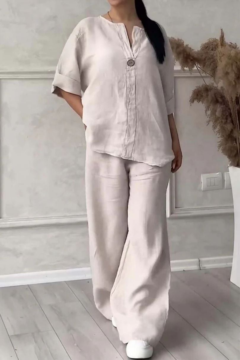 Women’s 2-Piece Set Made of Cotton &amp; Linen | V-Neck with Button Placket | Loose Fit, Long Sleeve for Everyday &amp; Leisure