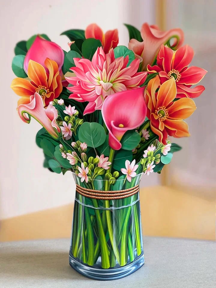 Pop-Up Papierblumenstrauß 3D | Blumenkarte mit Papiervase &amp; Grußkarte | Handgefertigt, langlebig | Deko-Geschenk 43×38 cm