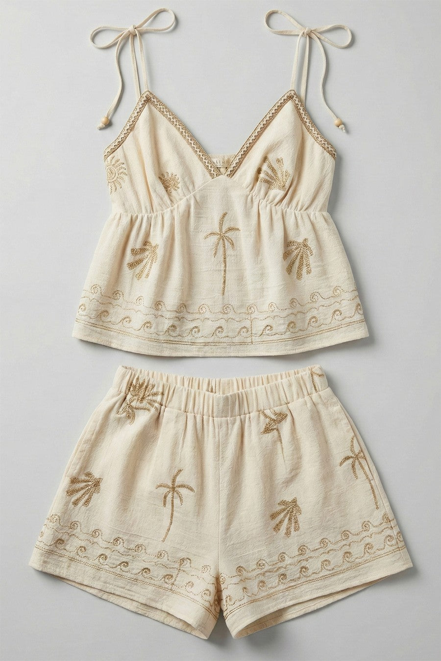 Damen Zweiteiler mit Palmenstickerei | Luftiges Cami-Top &amp; Shorts | Besticktes Sommer-Set | Leicht &amp; Atmungsaktiv