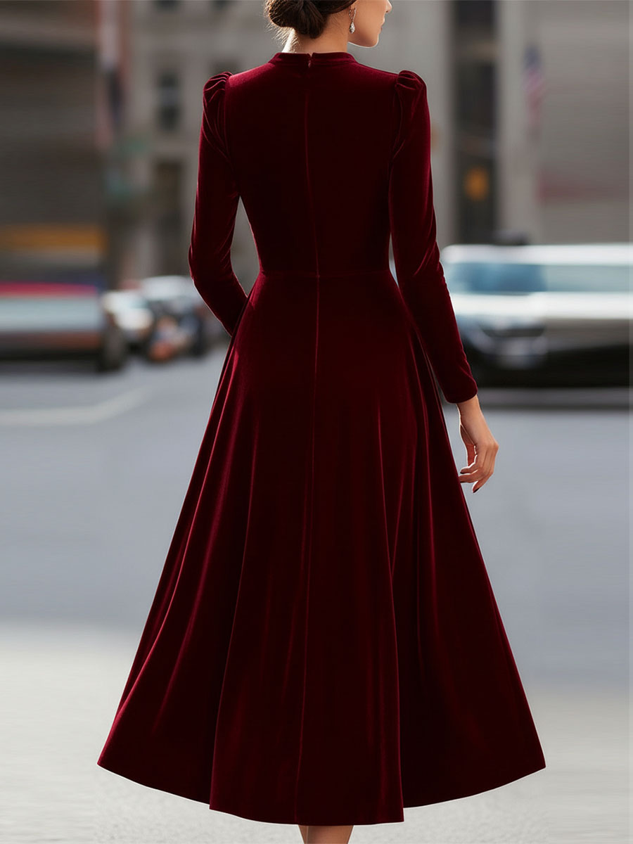 Damen Midikleid | Elegantes Langarmkleid mit tailliertem Oberteil, fließendem Rock und Schulterdetails für festliche Anlässe