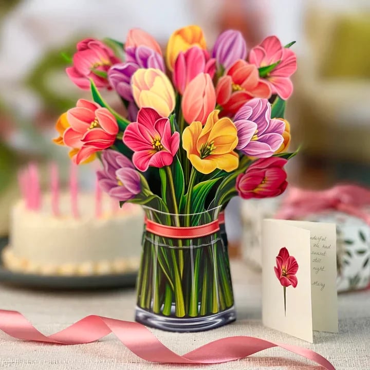 Pop-Up Papierblumenstrauß 3D | Blumenkarte mit Papiervase &amp; Grußkarte | Handgefertigt, langlebig | Deko-Geschenk 43×38 cm