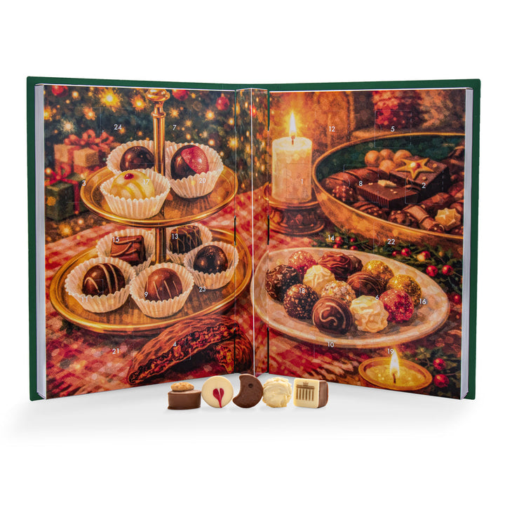 Pralinen Adventskalender | 24 Türchen mit 26 Pralinen und Trüffeln | Schokolade mit Nougat, Marzipan und fruchtigen Füllungen