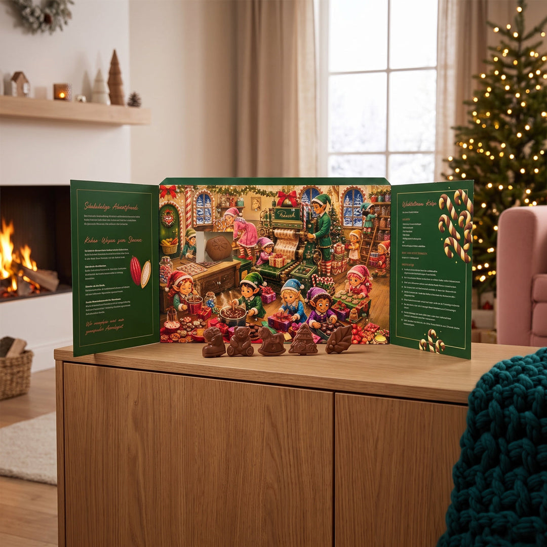 Adventskalender ohne Zuckerzusatz | 24 Schokoladenfiguren mit Fairtrade-Kakao und Maltit | Weihnachtskalender mit 240 g Schokolade