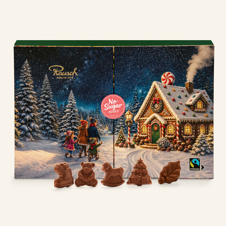 Adventskalender ohne Zuckerzusatz | 24 Schokoladenfiguren mit Fairtrade-Kakao und Maltit | Weihnachtskalender mit 240 g Schokolade