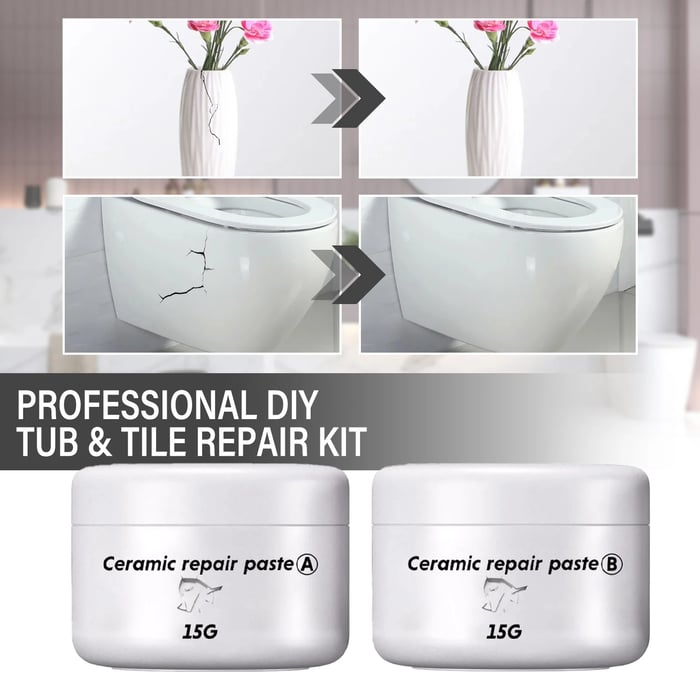 Keramik-Reparaturpaste | 2-Komponenten-Reparaturset für Fliesen, Waschbecken und Badewannen bei Rissen und Abplatzungen
