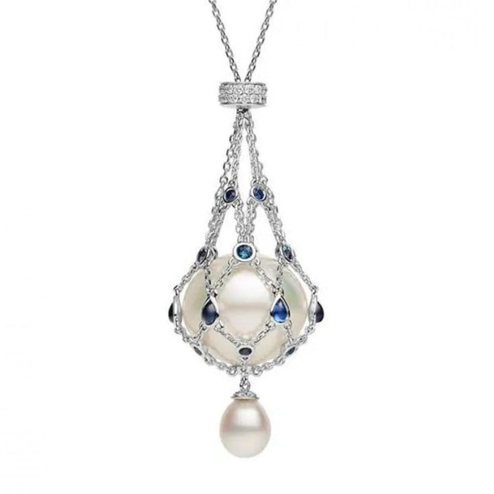 Pearl pendant with freshwater pearl &amp; gemstone | Lavalier design, timeless elegance | 35-inch chain, 14–15 mm pearl
