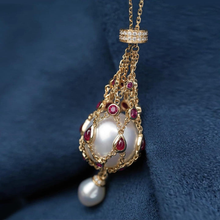 Pearl pendant with freshwater pearl &amp; gemstone | Lavalier design, timeless elegance | 35-inch chain, 14–15 mm pearl