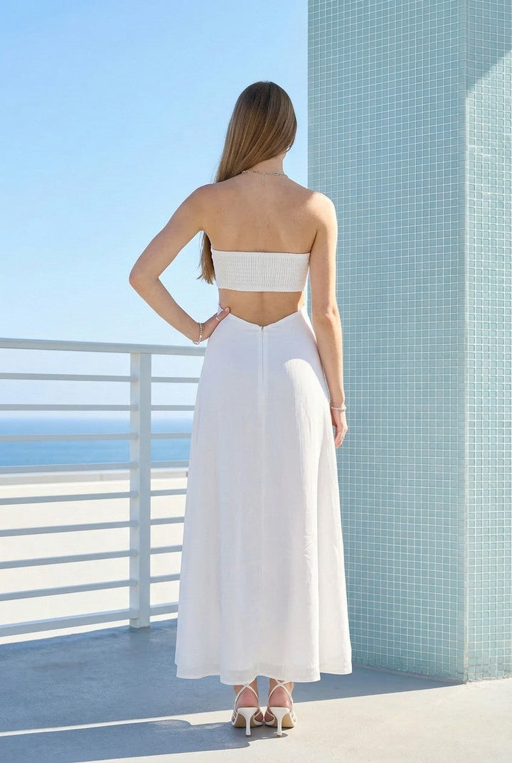 Trägerloses Maxikleid mit Blumenmuster | Santorini Bloom Sommerkleid | Offener Rücken | Luftig &amp; Elegant