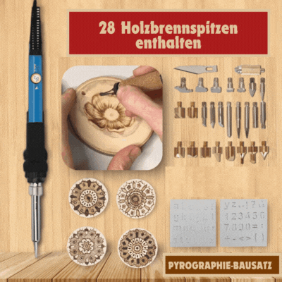 Set de pyrogravure 60W avec régulation de température 200–450°C | 28 pointes pour bois et cuir | Pour bricolage, déco et gravures