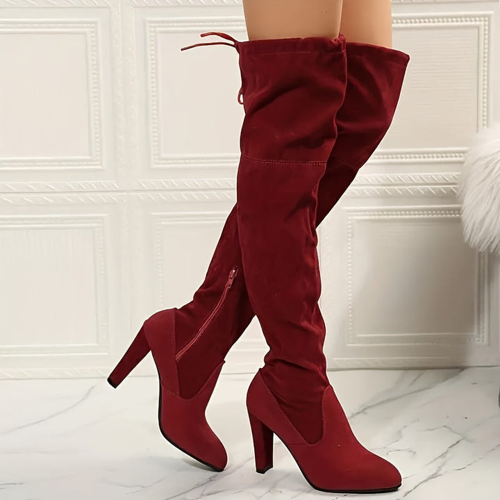 Damen Overknee Stiefel mit Blockabsatz und Reißverschluss | Hohe Stiefel über dem Knie mit runder Spitze für Alltag und Freizeit