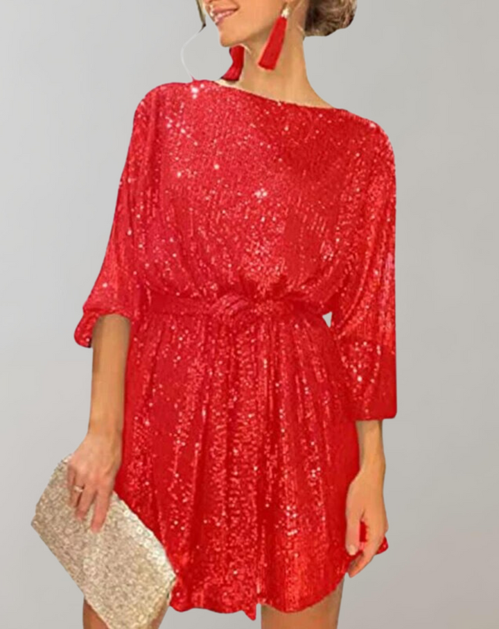 Damen Paillettenkleid | Glitzerndes Abendkleid mit Puffärmeln, Taillengürtel und figurbetontem Schnitt für festliche Feiern