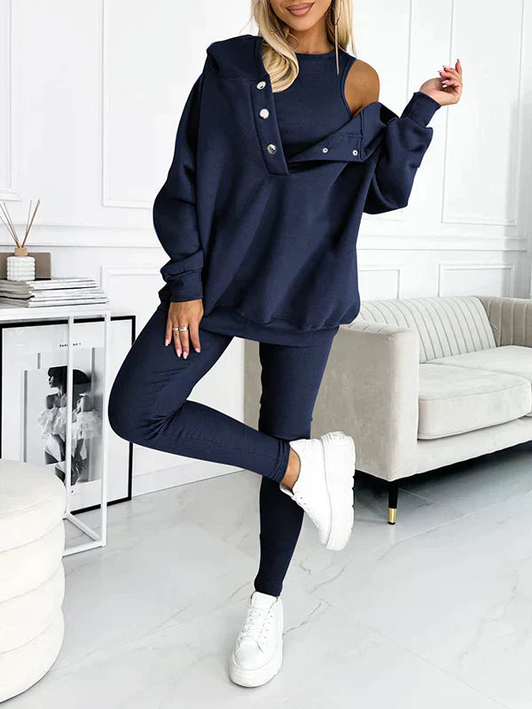 Ensemble de loisirs femme trois pièces | Veste à capuche, pantalon sweat et top | Matière douce
