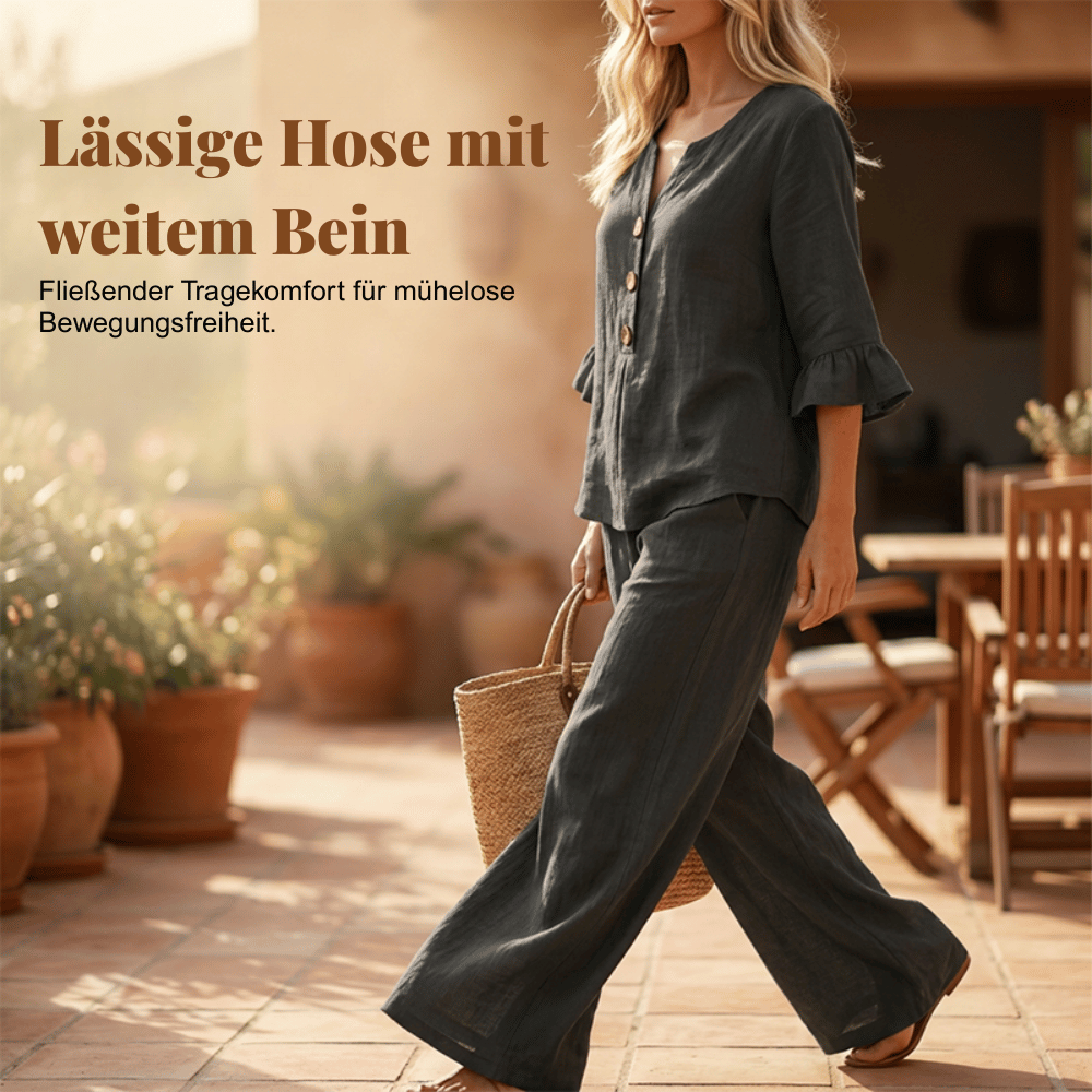 Damen Loungeset aus Baumwollmischung | Zweiteiliges Set mit Rüschenärmeln &amp; weiter Hose | Bequemes Freizeit-Outfit