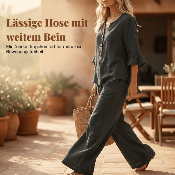 Damen Loungeset aus Baumwollmischung | Zweiteiliges Set mit Rüschenärmeln &amp; weiter Hose | Bequemes Freizeit-Outfit