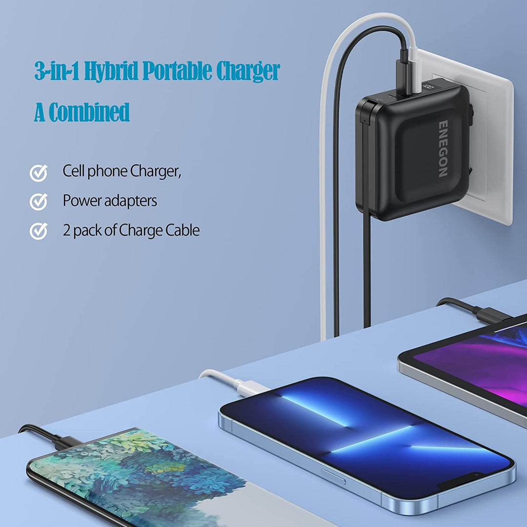 Powerbank 15000 mAh mit Schnellladefunktion | Tragbares Ladegerät mit AC-Stecker, USB-C, USB-A &amp; LED-Anzeige