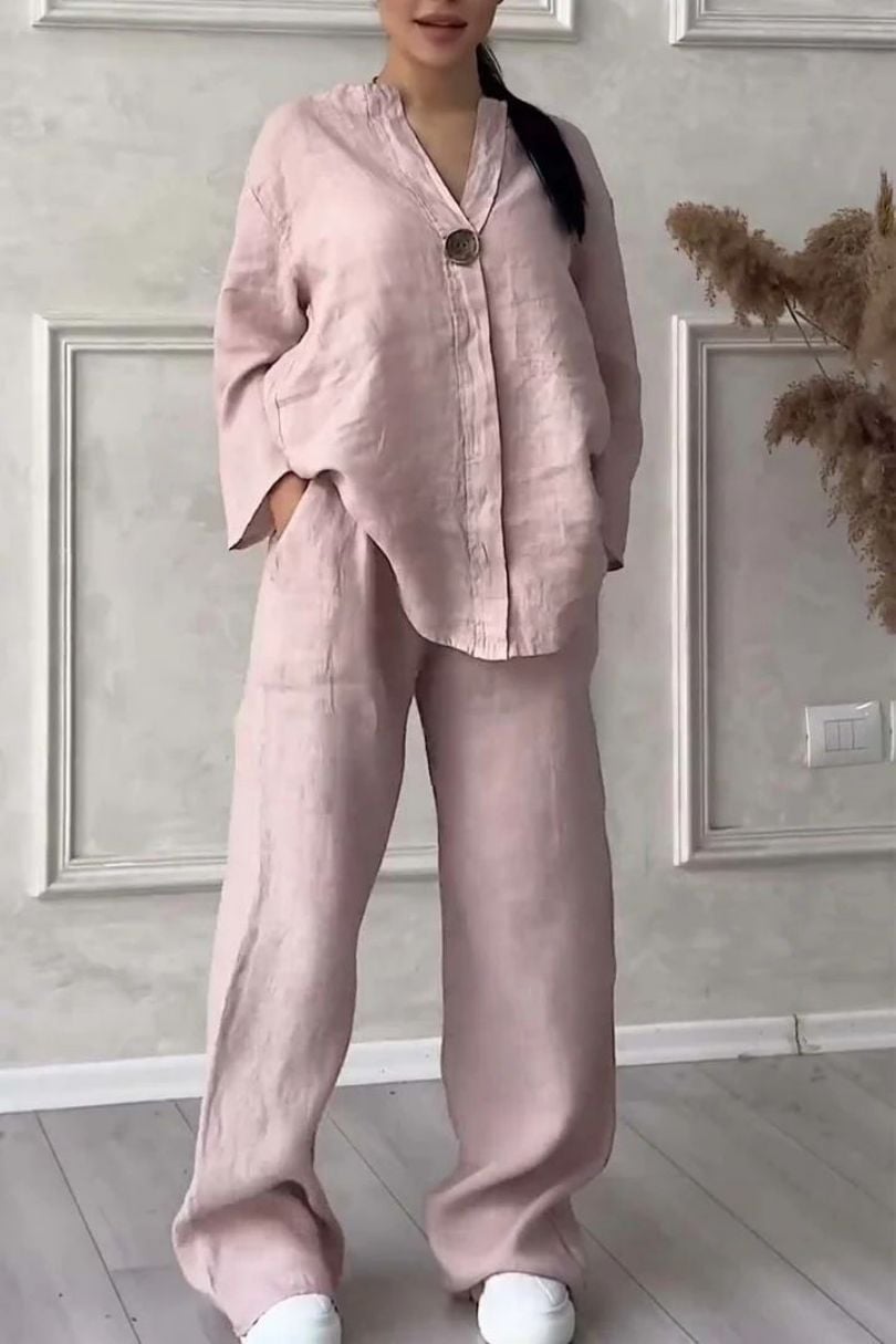 Women’s 2-Piece Set Made of Cotton &amp; Linen | V-Neck with Button Placket | Loose Fit, Long Sleeve for Everyday &amp; Leisure
