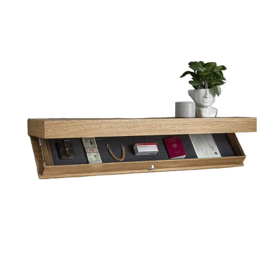 Solid Wood Wall Shelf with Secret Compartment | Floating Design, Minimalist | For Valuables &amp; Decor | Natural or Dark Wood