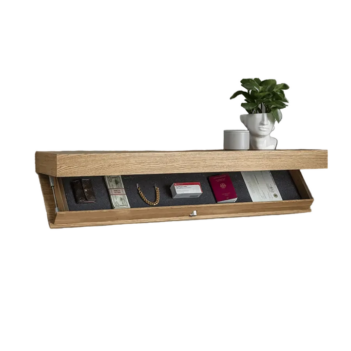 Solid Wood Wall Shelf with Secret Compartment | Floating Design, Minimalist | For Valuables &amp; Decor | Natural or Dark Wood