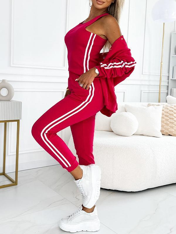 Women’s 3-piece set with baseball jacket, racerback top &amp; jogging pants | Warming &amp; breathable | Side stripe look | S–5XL