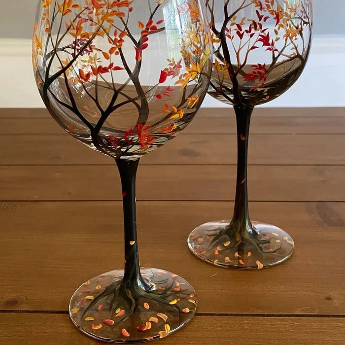 Hand-Painted Wine Glasses Set of 4 | Four Seasons with Tree Motifs | Brilliant Glass, approx. 350 ml | Dishwasher Safe &amp; Colorfast