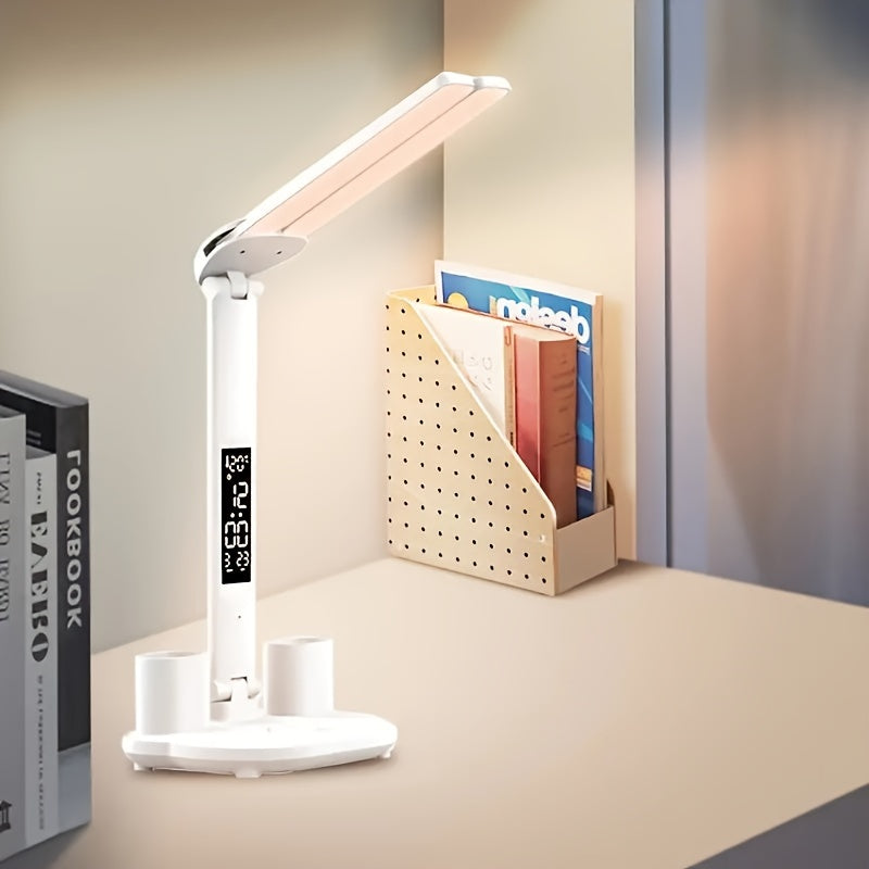 LED Schreibtischlampe dimmbar mit 2 verstellbaren Köpfen | Tischleuchte mit Touch-Bedienung, Digitalanzeige und USB-Anschluss
