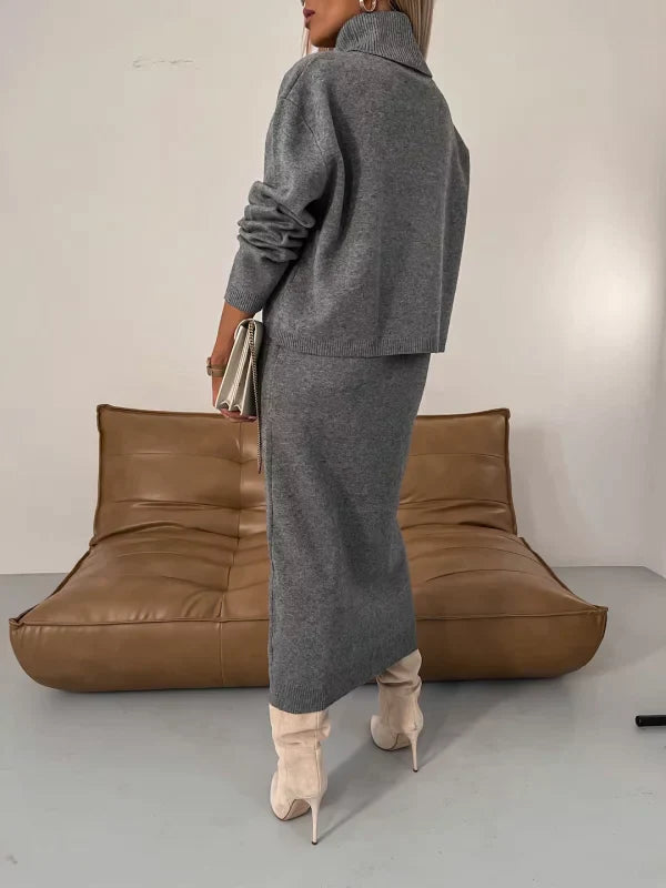 Damen Lagenkleid Set mit Rollkragenpullover | Midikleid + Strickpulli für Herbst &amp; Winter | Warm, weich &amp; vielseitig kombinierbar