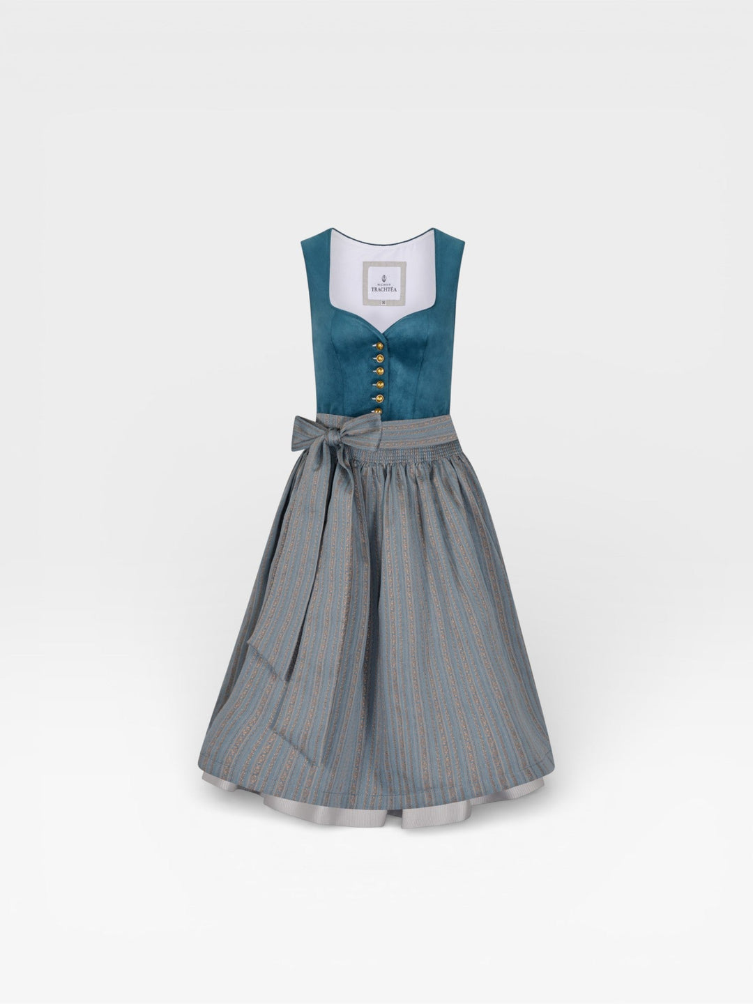 Dirndl Midi Damen | Samt-Dirndl mit 70 cm Rocklänge, Knopfleiste und gemusterter Schürze für festliche Anlässe