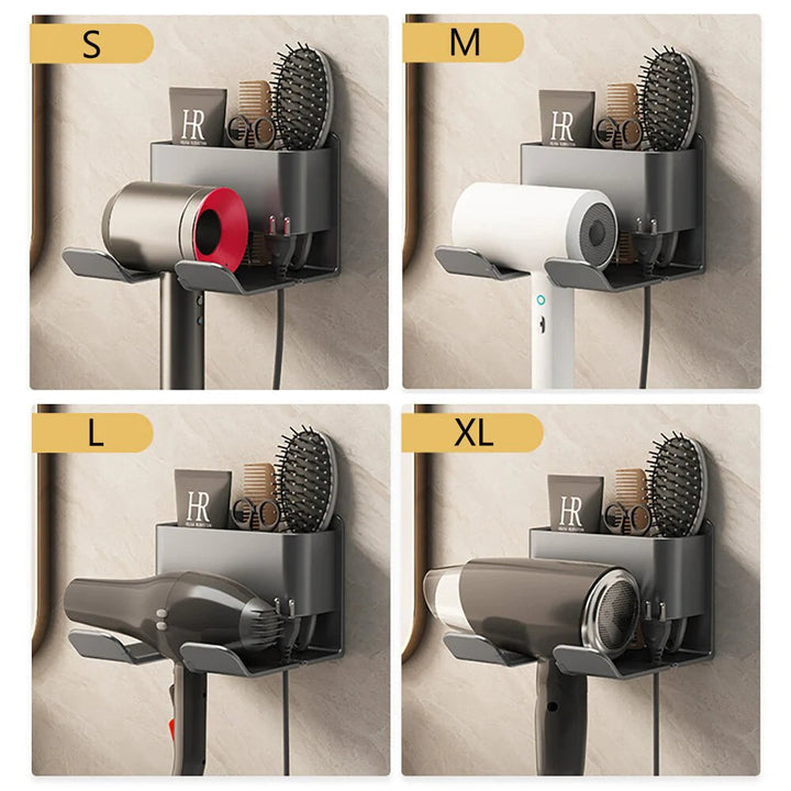 Organizer per cura capelli da parete per bagno | supporto phon e porta spazzole | alluminio e plastica | salvaspazio