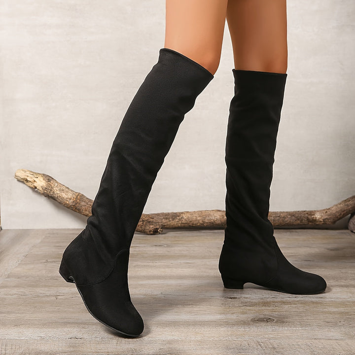 Damen Overknee Stiefel mit niedrigem Blockabsatz | Hohe Schlupfstiefel über dem Knie mit runder Spitze für Alltag und Freizeit