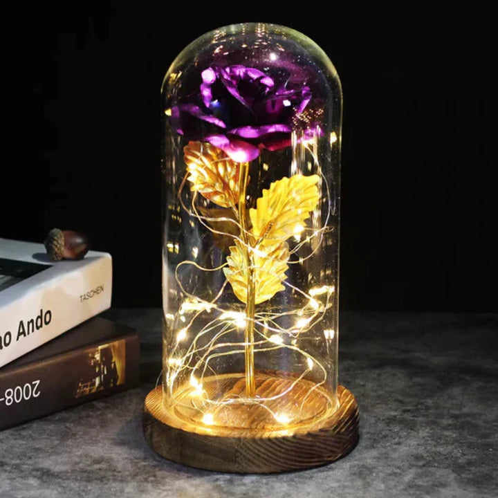 LED-Rose im Glas | Dekolampe mit warmweißem Licht, Holzsockel und Galaxy-Effekt als romantisches Geschenk