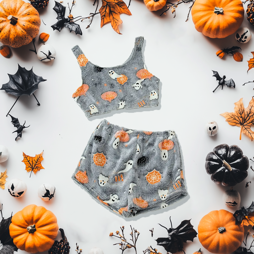 Damen Pyjama-Set Halloween mit Geister-Print | Langarm Oberteil + Hose | Warm, weich &amp; gemütlich für Herbstabende