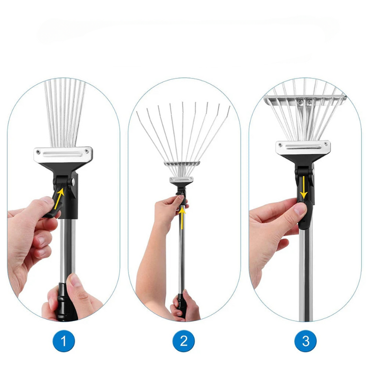 Rastrello da giardino | manico estensibile | raccoglitore di foglie compatto | rastrello per sentieri