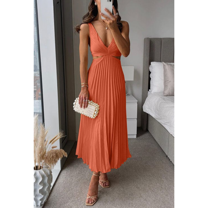 Pleated Midi Dress with V-neck &amp; Waist Cutouts | Sleeveless, Regular Fit | Elegant Dress for Events &amp; Evenings