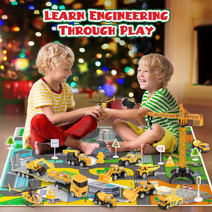Baustellen Adventskalender für Kinder mit Baufahrzeugen | Weihnachtskalender mit Kran, Verkehrsschildern und Spielbrett aus Kunststoff