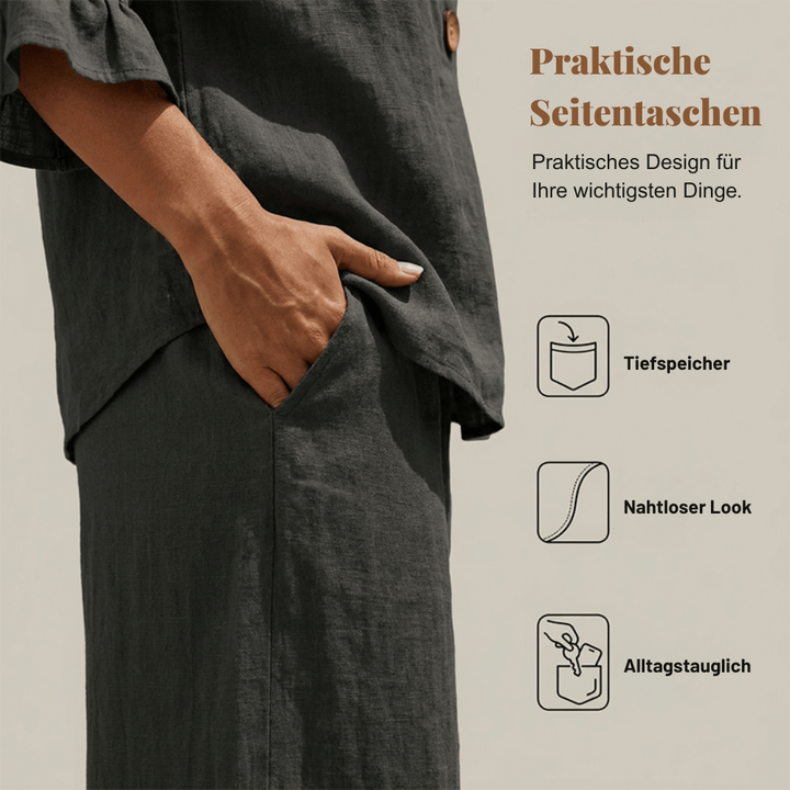 Damen Loungeset aus Baumwollmischung | Zweiteiliges Set mit Rüschenärmeln &amp; weiter Hose | Bequemes Freizeit-Outfit