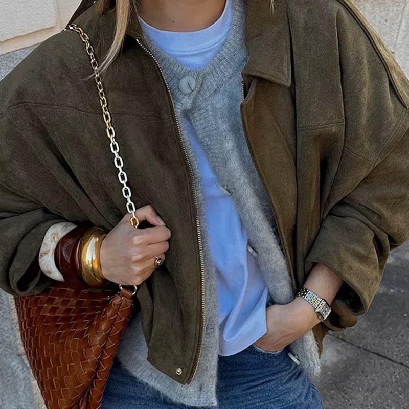 Giacca oversize da donna | effetto morbido scamosciato | completamente foderata | kaki