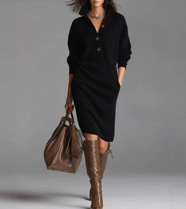 Damen Strickkleid mit V-Ausschnitt | Knielanges Kleid mit Knopfleiste und weicher Strickstruktur | Für Herbst und Winter