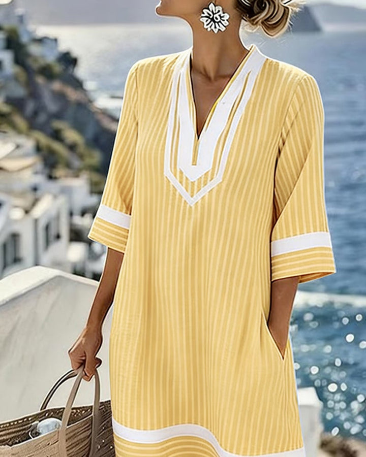 Damen Sommerkleid mit Streifen | Luftiges Shift-Kleid mit V-Ausschnitt, Seitentaschen &amp; lockerem Schnitt für Alltag &amp; Urlaub
