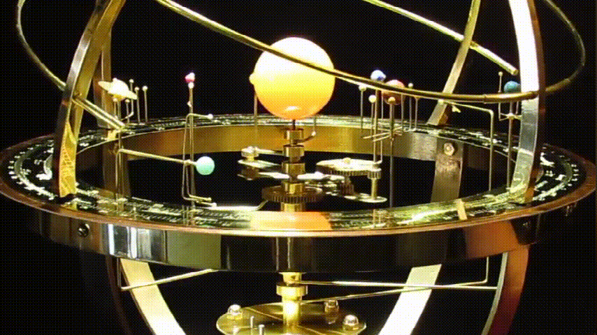 Mechanical Solar System Model made of Brass &amp; Semi-Precious Stones | 9 Planets + 28 Moons | Oak Wood Base, Movable Orbits