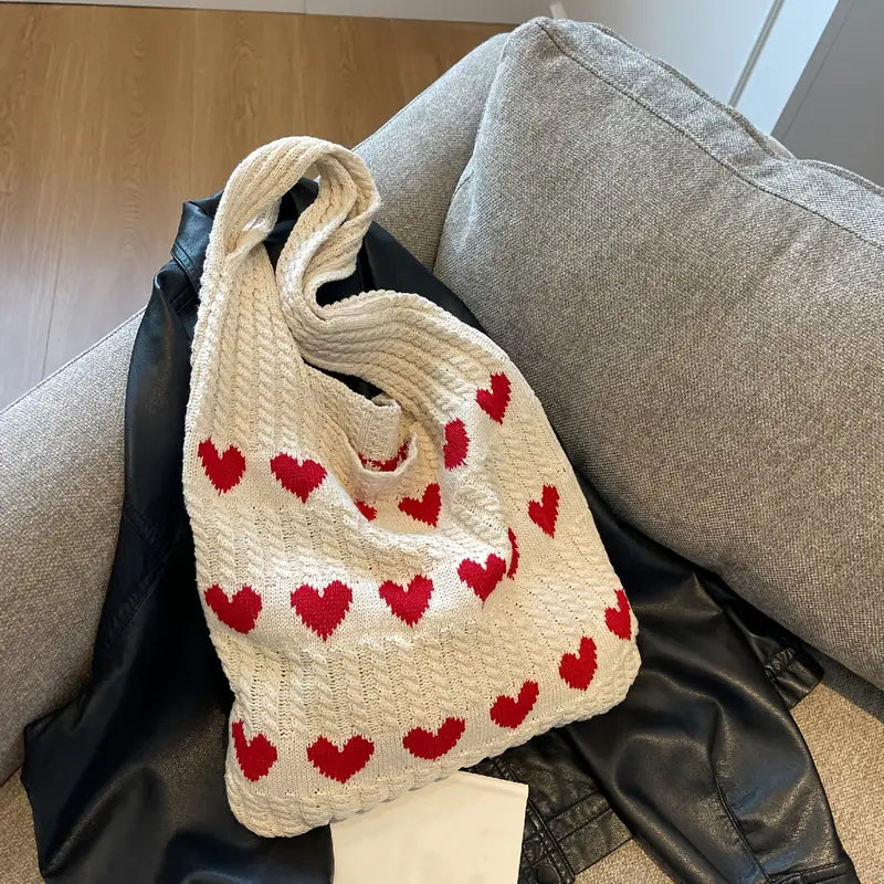 Stricktasche | Nachhaltige Einkaufstasche mit Herzmuster für Alltag und Shopping