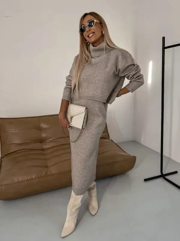 Damen Lagenkleid Set mit Rollkragenpullover | Midikleid + Strickpulli für Herbst &amp; Winter | Warm, weich &amp; vielseitig kombinierbar