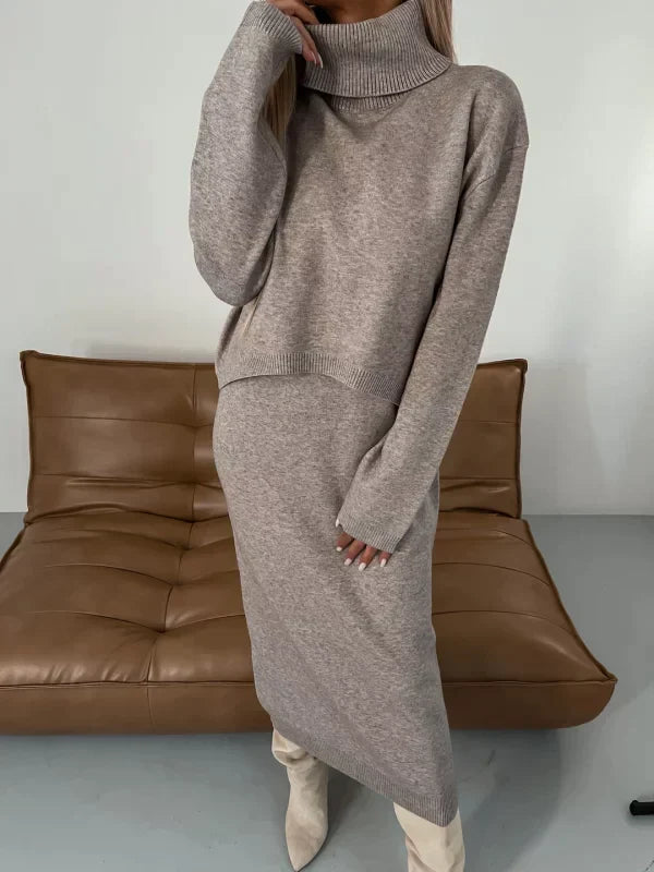 Damen Lagenkleid Set mit Rollkragenpullover | Midikleid + Strickpulli für Herbst &amp; Winter | Warm, weich &amp; vielseitig kombinierbar