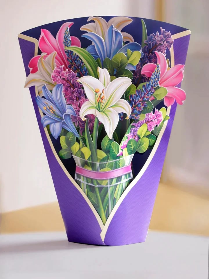 Pop-Up Papierblumenstrauß 3D | Blumenkarte mit Papiervase &amp; Grußkarte | Handgefertigt, langlebig | Deko-Geschenk 43×38 cm