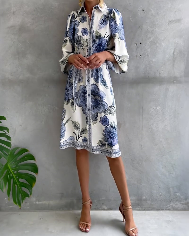Damen A-Linien-Kleid mit Print | Knielanges Kleid mit Reverskragen und Laternenärmeln