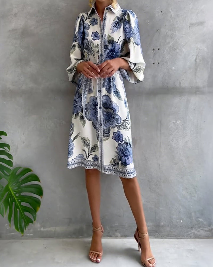 Damen A-Linien-Kleid mit Print | Knielanges Kleid mit Reverskragen und Laternenärmeln