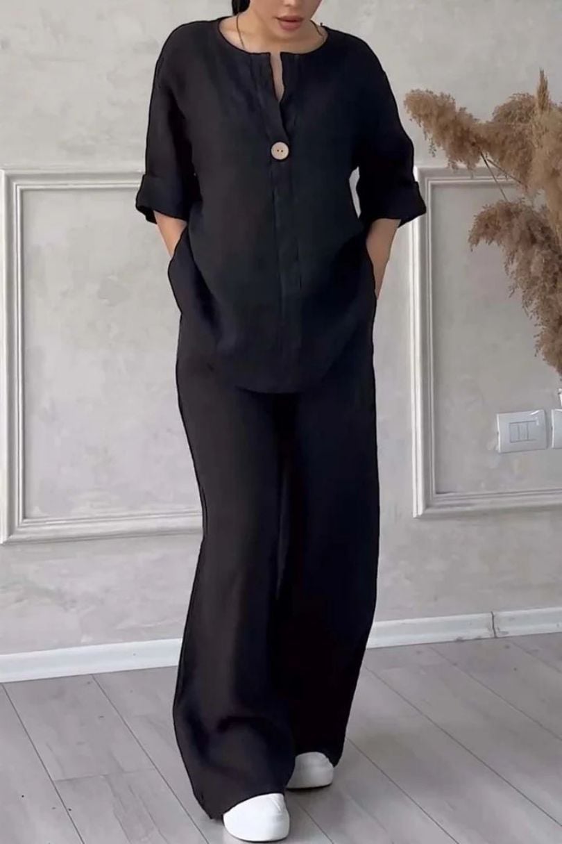 Women’s 2-Piece Set Made of Cotton &amp; Linen | V-Neck with Button Placket | Loose Fit, Long Sleeve for Everyday &amp; Leisure